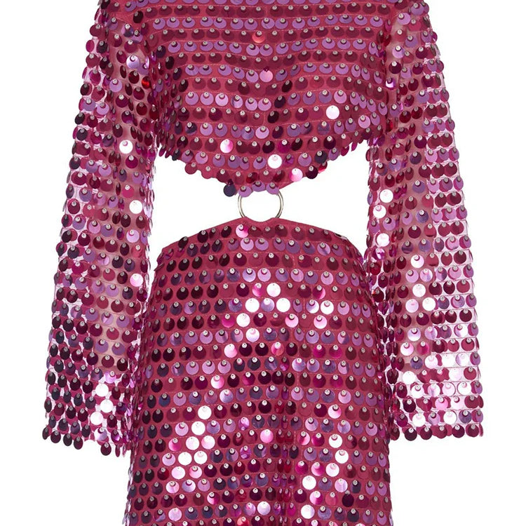 DEAT Fashion Trendy Women's Hollow Out Sequins Irregular Dress Spring New O-neck Long Sleeves Dresses Female 33A1208