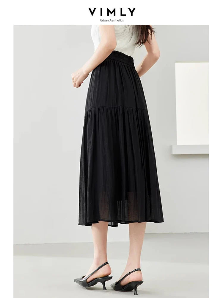 Vimly Black Elegant A-line Women's Midi Skirt Spring Simple Elastic Waist Solid Thin Female Skirts Women's Clothing M6079