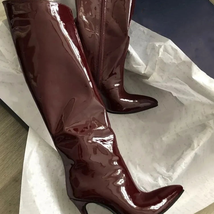 Thigh High Boots Candy Color Mirror Leather Women Knee High Boots High Heels Stilettos Runway Shoes for Women High Heel Boots 05Dark brown12cm