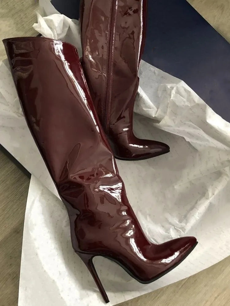 Thigh High Boots Candy Color Mirror Leather Women Knee High Boots High Heels Stilettos Runway Shoes for Women High Heel Boots 05Dark brown12cm
