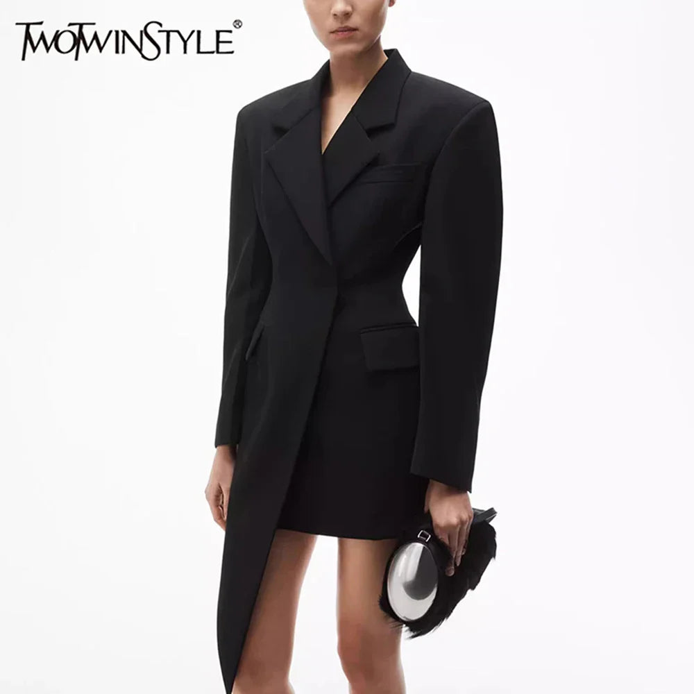 Solid Minimalist Blazer For Women Notched Collar Long Sleeve Patchwork Pockets Irregular Coat Female Fashion Style
