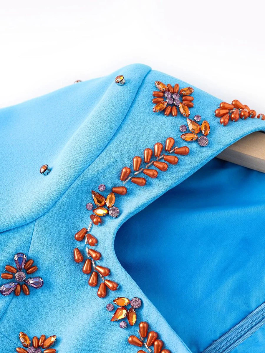 Solid Slimming Spliced Bead Luxurious Dresses for Women Square Neck Long Sleeves Temperament Dress Female Clothing