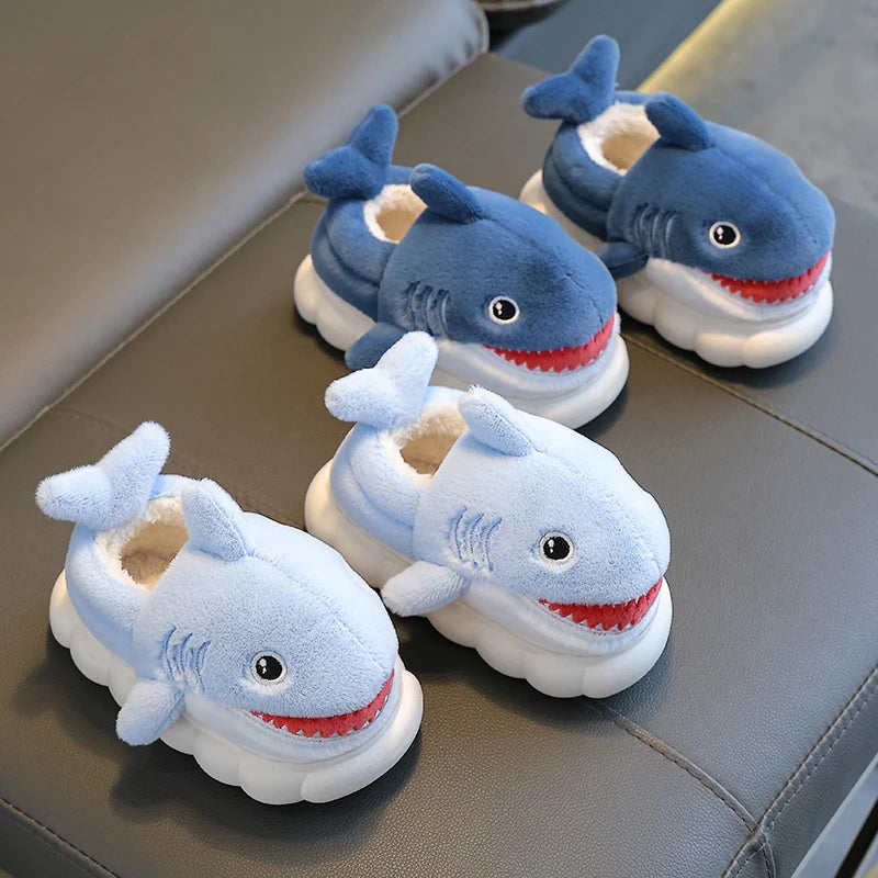 Winter Wrap Heels Cute Cartoon Shark Cotton Slippers Children's Non-slip Soft For Kids Girls Boys Baby Warm Plush Home Shoes