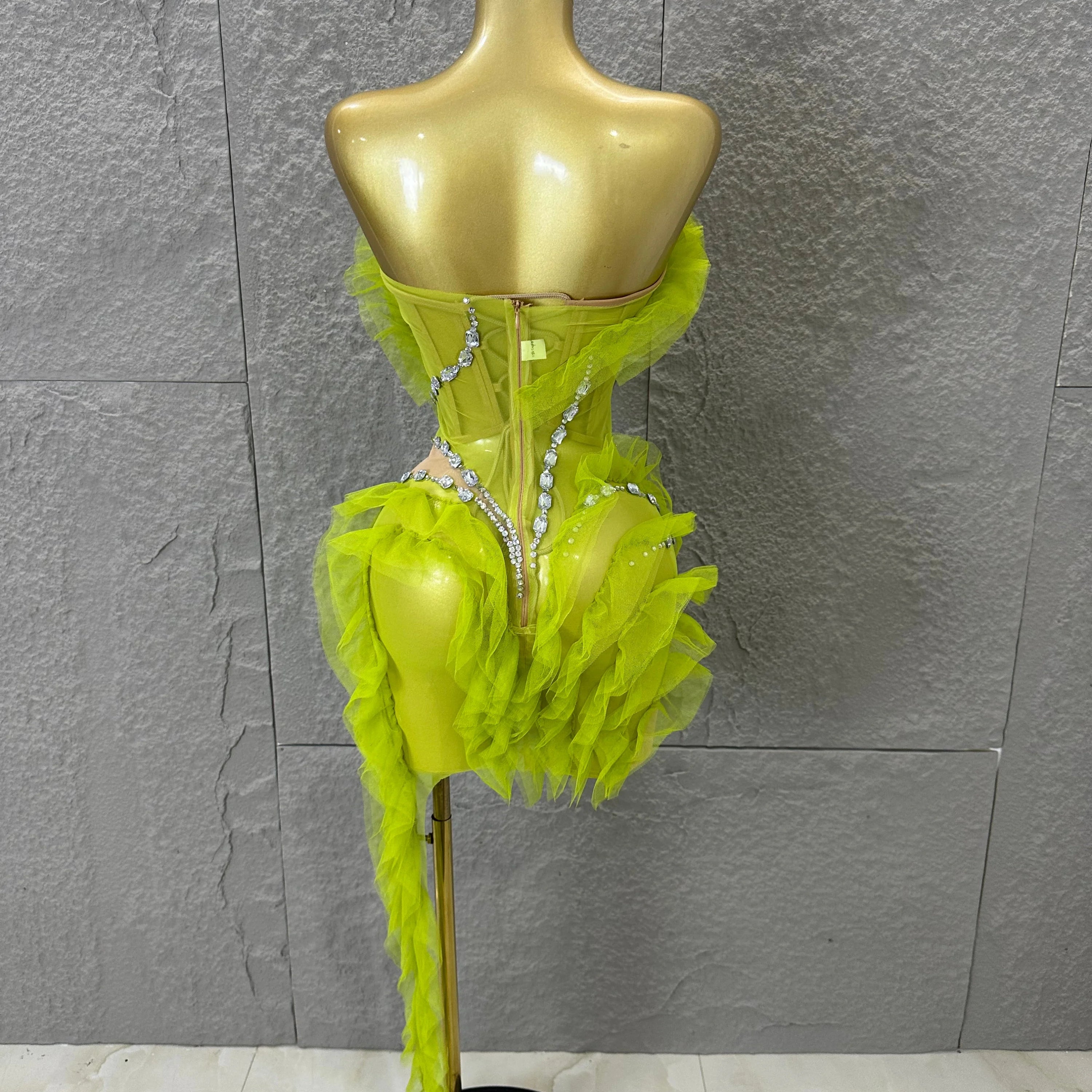 Luxury Green Sheer Mesh Ruffle Dress Neck Crystal Rhinestone Trim Cut Out Slim Fit Evening Wedding Guest Cocktail Party Dress
