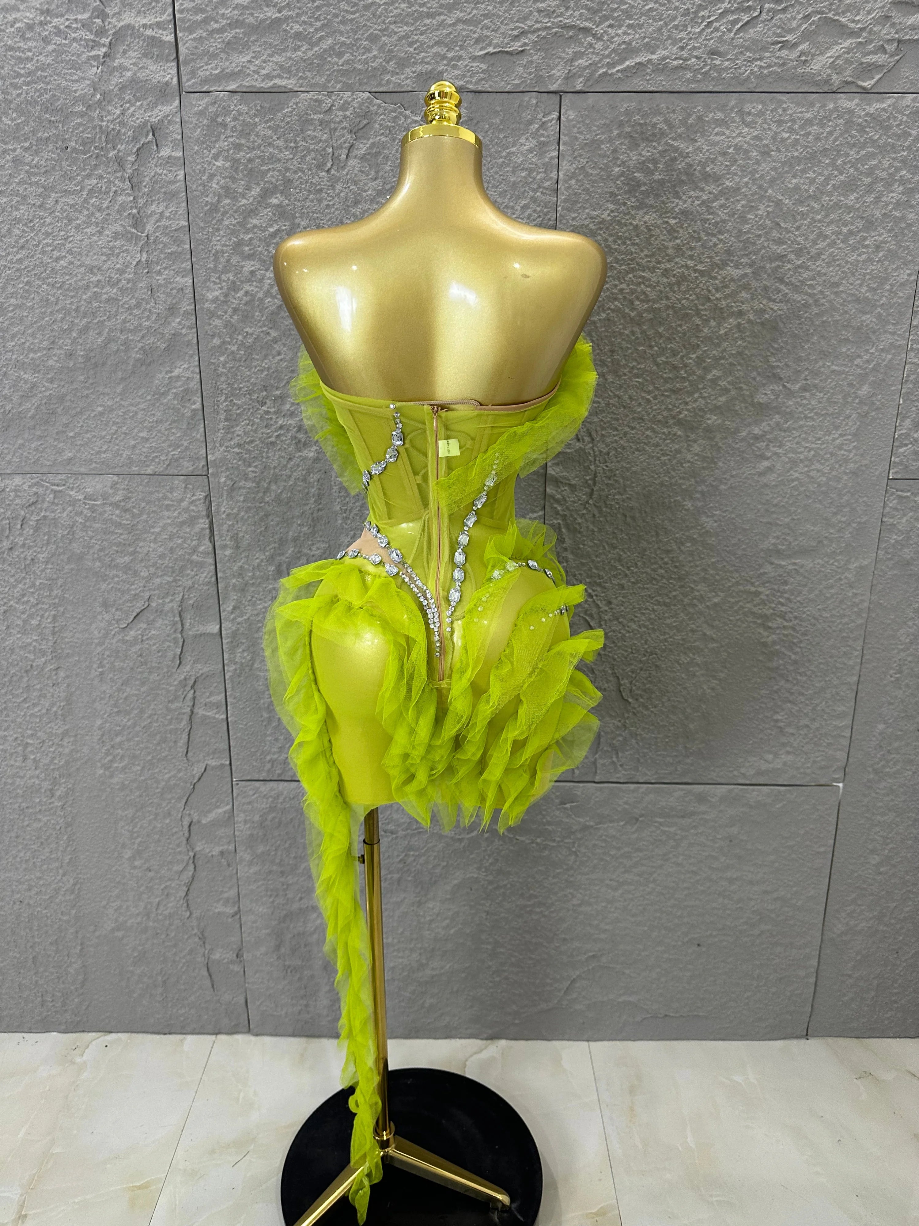Luxury Green Sheer Mesh Ruffle Dress Neck Crystal Rhinestone Trim Cut Out Slim Fit Evening Wedding Guest Cocktail Party Dress