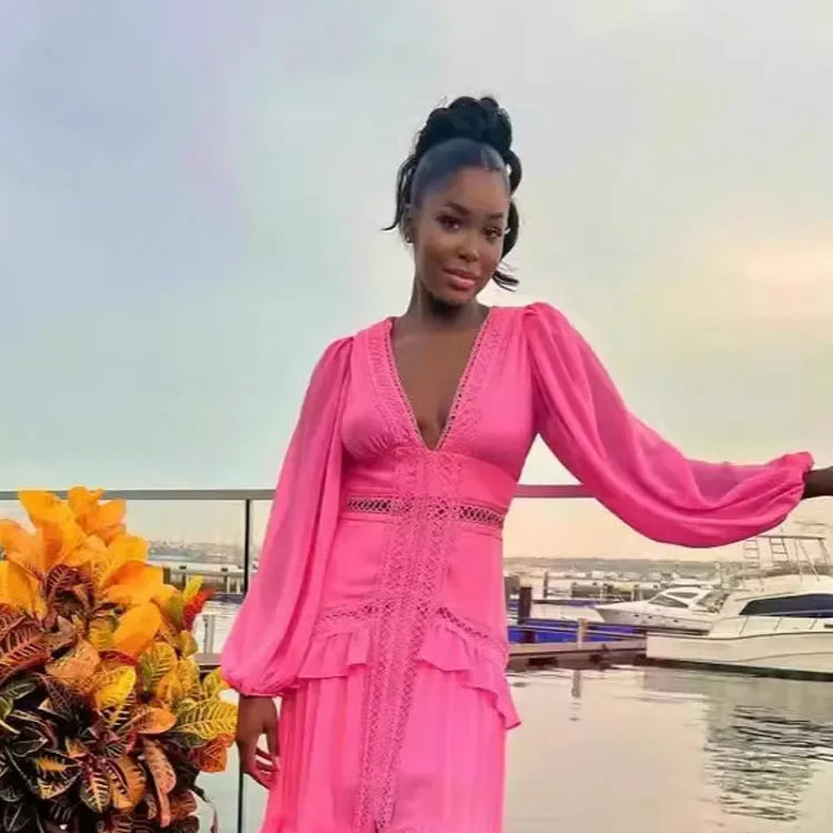 Women Elegant Layered Ruffles Patchwork Long Dress Chic V Neck Puff Full Sleeves Split Maxi Dresses Fashion Lady Party Robes rose red