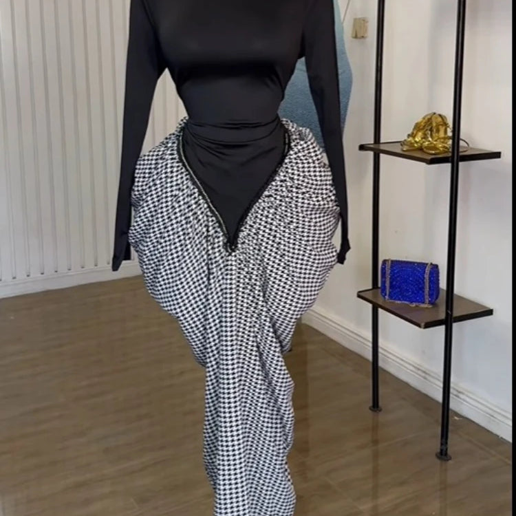 Women Houndstooth Stacked Ruched Side Long Sleeve Bodycon Midi Maxi Long Dress 2025 Birthday Vacation Sexy Party Dresses black