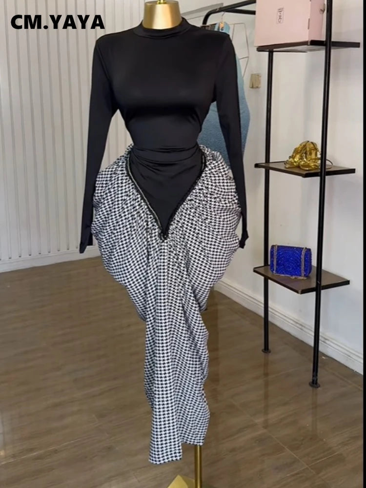 Women Houndstooth Stacked Ruched Side Long Sleeve Bodycon Midi Maxi Long Dress 2025 Birthday Vacation Sexy Party Dresses black