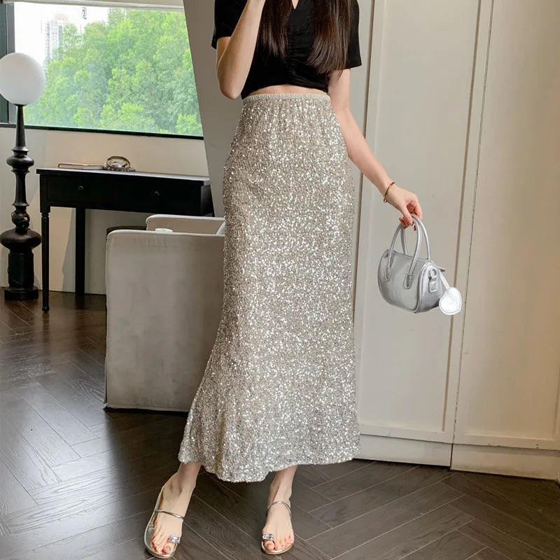 New Heavy Industry Sequins Fish Tail Skirt for Spring/summer Luxury Sexy High Waisted Slimming Hip Pack Long Mermaid Skirt