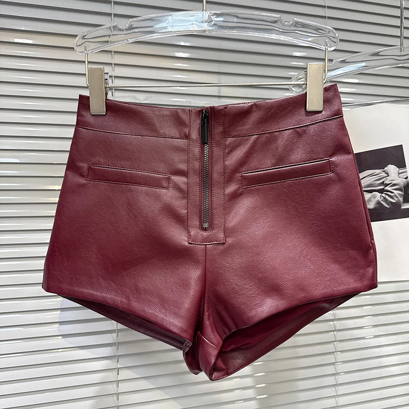 Winter New Fashion Metal Zipper Design PU Leather Shorts For Women Solid Color Wide-leg Short Pants Female 11A07469 Wine
