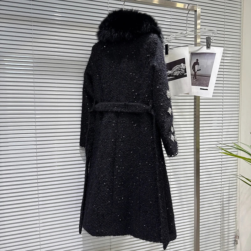 Winter New Fashionable Large Fox Fur Collar Sequin Embroidery Cotton Inner Trench For Women Long Coat Female 11A07776