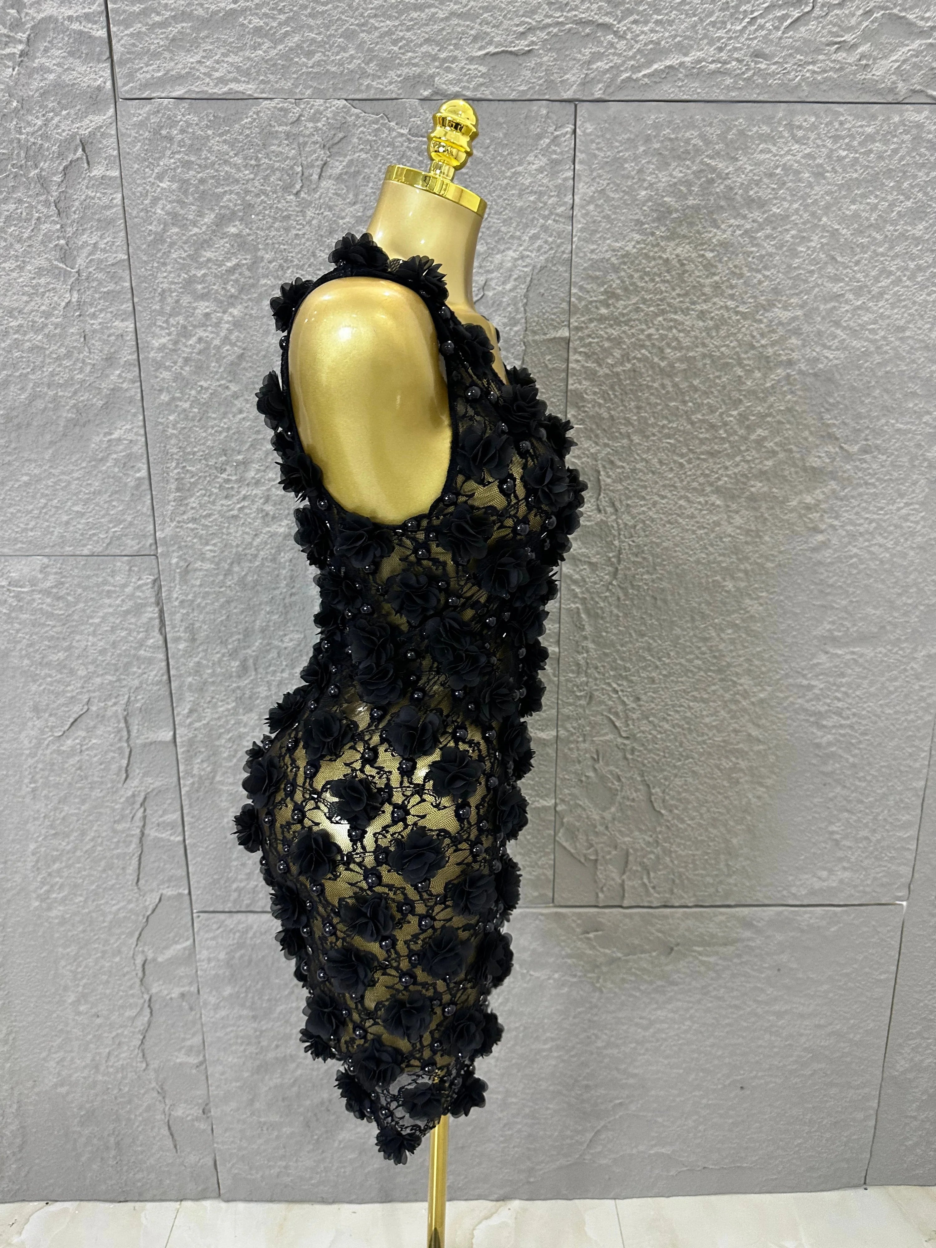Luxury Black Sheer Mesh Floral Appliqué Mini Dress Deep V Neck Fitted Bodycon Formal Dinner Cocktail Event Party Dress