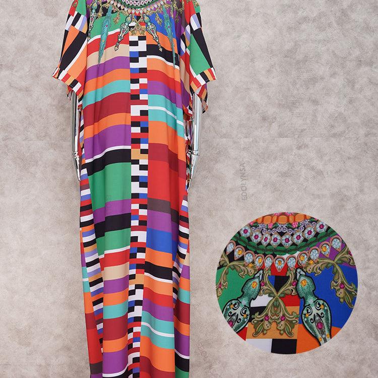 Plus Size Multicolored Loose Dress Cotton Tunic Women Large Size Beach Wear Kaftan Bohemian Printed Loose Beach Dresses