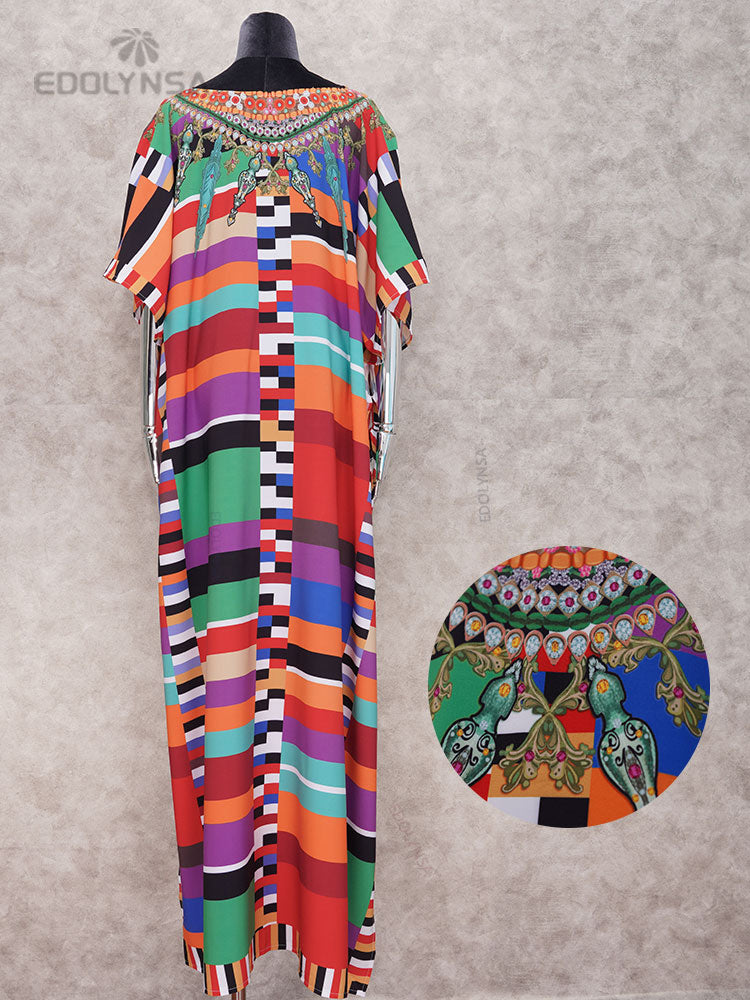 Plus Size Multicolored Loose Dress Cotton Tunic Women Large Size Beach Wear Kaftan Bohemian Printed Loose Beach Dresses