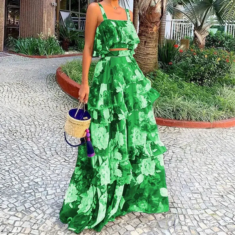 Summer Sexy Sleeveless Suspender Tops And Skirt Suit Fashionable Elegant Ruffled Dress Top Outfits Casual Party Two-piece Sets green