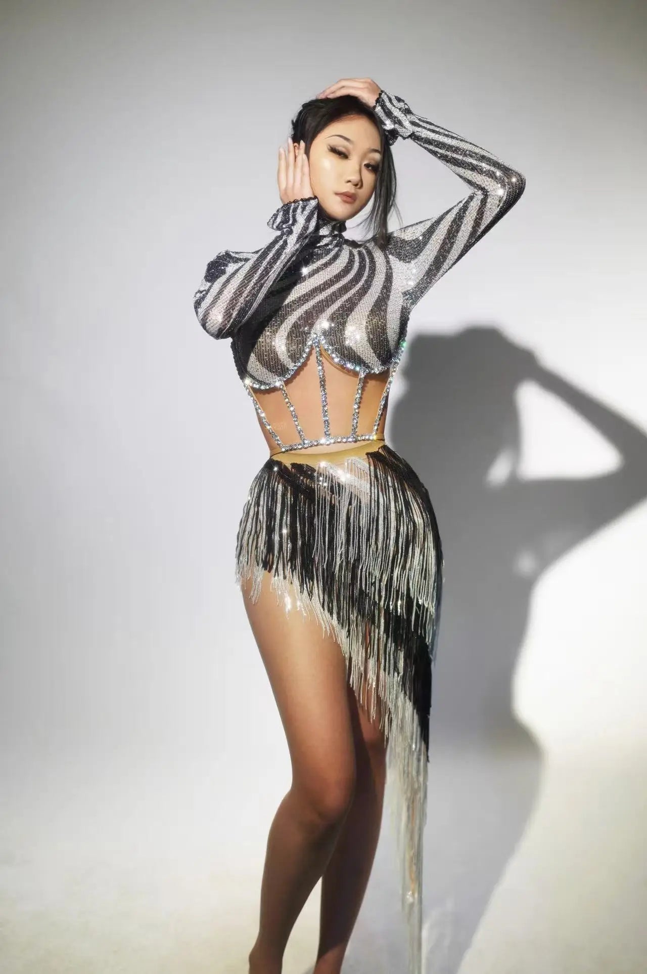 White Black Shinning Sequins Tassels Women Sexy Long Sleeve 2 Pieces Bodycon Mid-calf Dress Latin Performance Costume Stage Wear