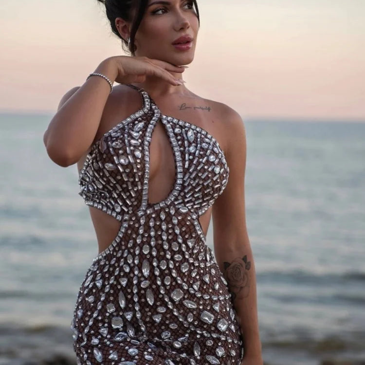 Stock Women Luxury Sexy Mesh Sequins Crystal Diamonds Mini Dress Birthday Party Costume Bar Nightclub Stage Performance Dress Khaki