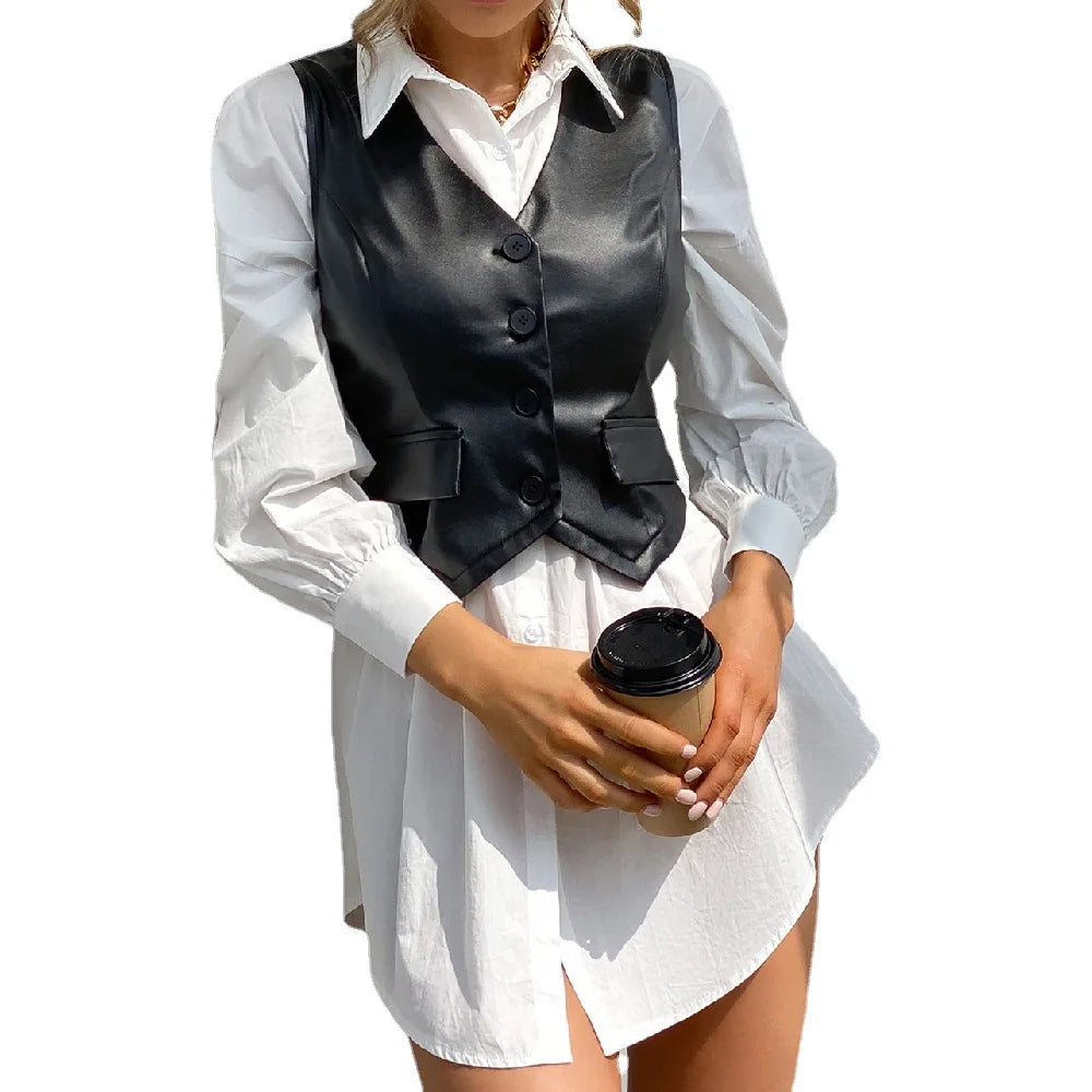 Vintage Cropped PU Leather Vest for Women V-neck Button Slim Waistcoat Spring Autumn Sleeveless Jacket Female Vests