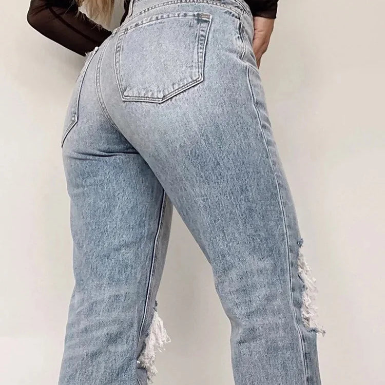 Summer Women Stretch Skinny Ripped Jeans High Waist Baggy Vintage Light Blue Girls Pants Narrow Straight Leg Fashion Trousers