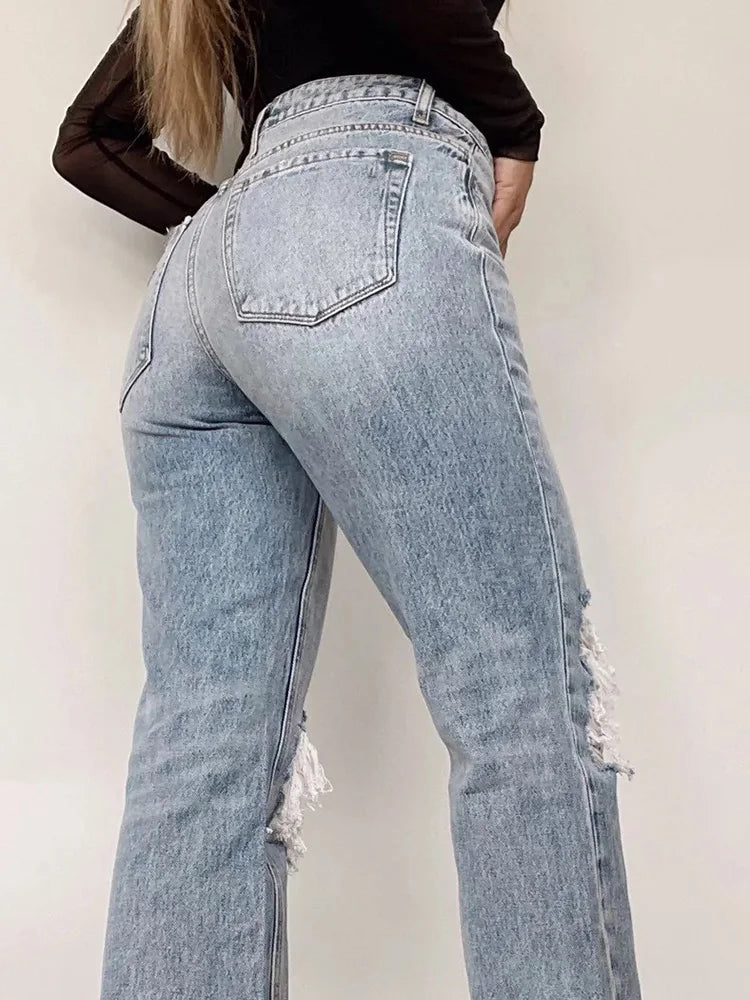 Summer Women Stretch Skinny Ripped Jeans High Waist Baggy Vintage Light Blue Girls Pants Narrow Straight Leg Fashion Trousers