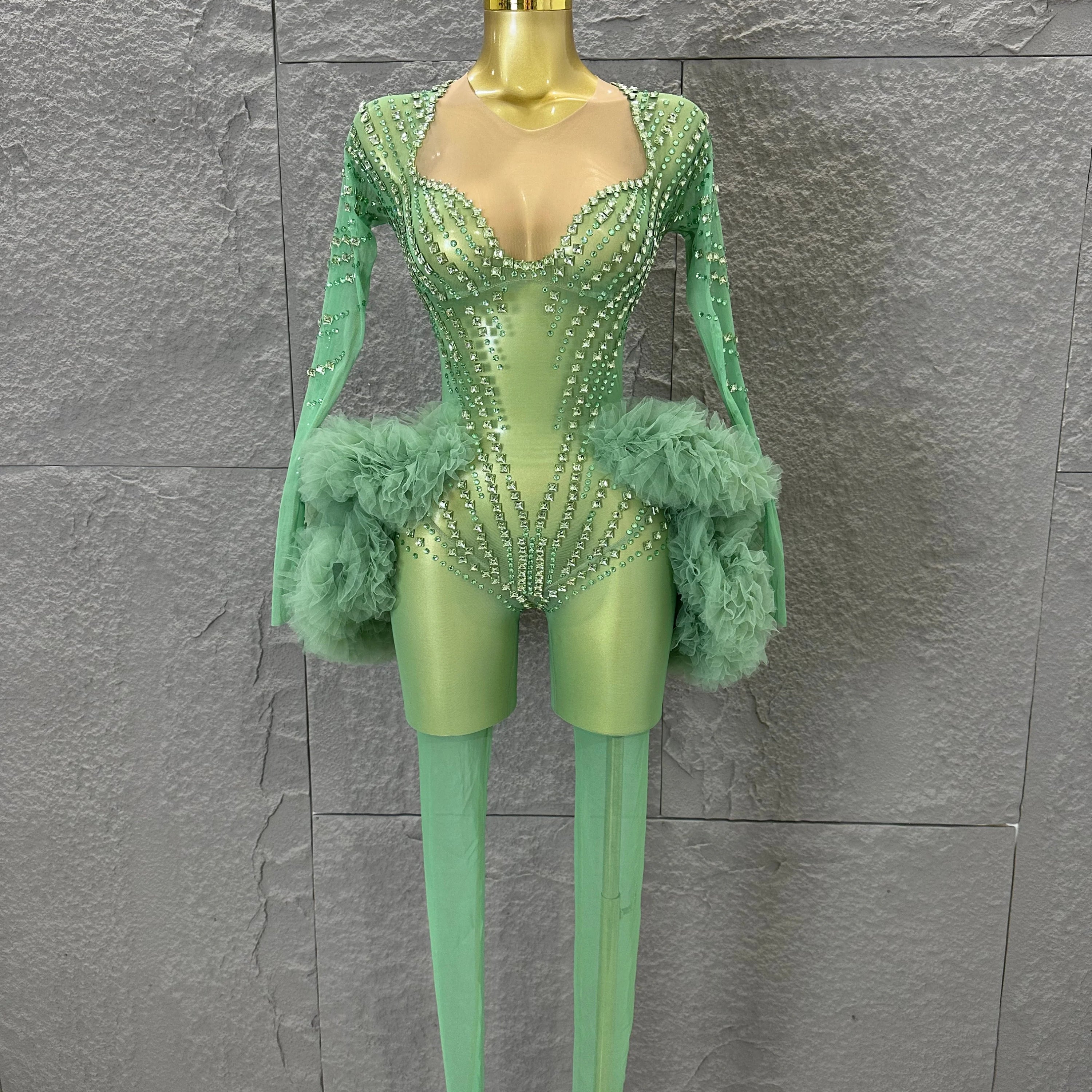 Sparkly Green Long Sleeve Bodysuit Women Stage Performance Sheer Mesh Rhinestone Embellished Ruffle Tulle Latin Dance Costume green