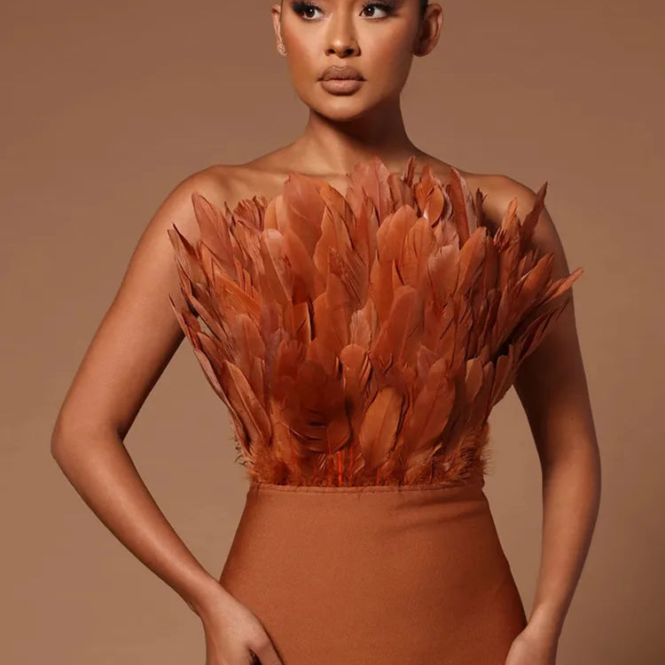 Summer Fashion Women Sexy Strapless Backless Brown Hot Pink Feather Bodycon Bandage Dress Elegant Evening Club Party Dress