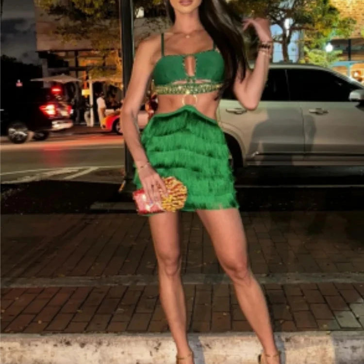 STOCK Stylish Tassel Sexy Hollow Out Spaghetti Strap Mini EvenDress Summer Holiday Vocation Vestido Music festival Outfit