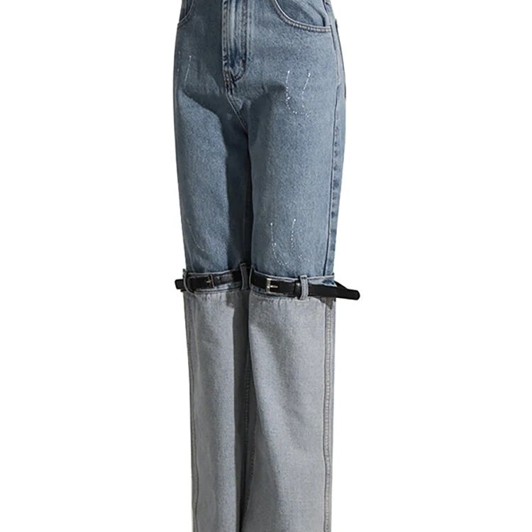 Women Jeans High Waist Long Straight Contrast Color Knee Splice PU Leather Belt Denim Pants 2024 Autumn