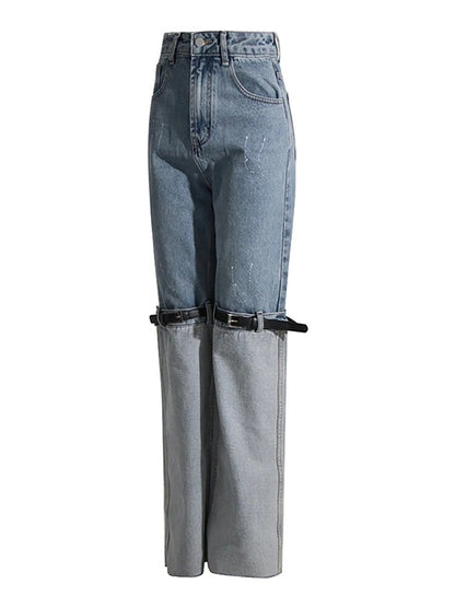 DEAT Women Jeans High Waist Long Straight Contrast Color Knee Splice PU Leather Belt Denim Pants 2023 Autumn New Fashion 29L2408