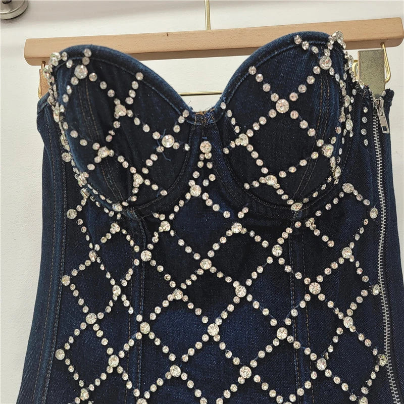 DEAT 2026 Spring Fashion New Back Bandage Beaded Denim Vest For Women Lace-up Slim Fit Zipper Tank Top Female Trendy 11A07881