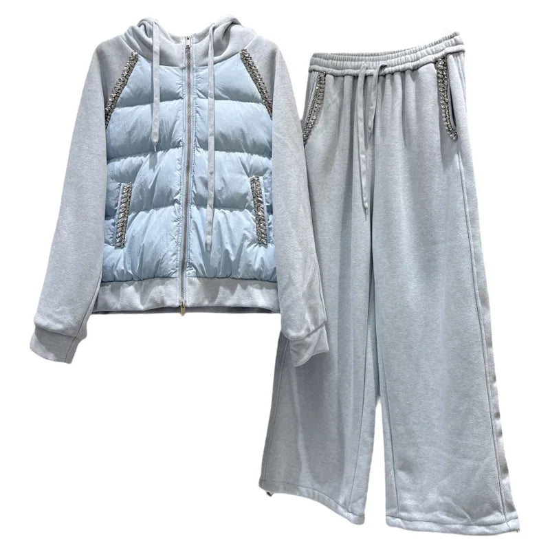 Winter New Fashion Rhinestone Hooded Patchwork Cotton Sweatshirt Fleece-Lined Wide-Leg Pants Set For Women 11A07920