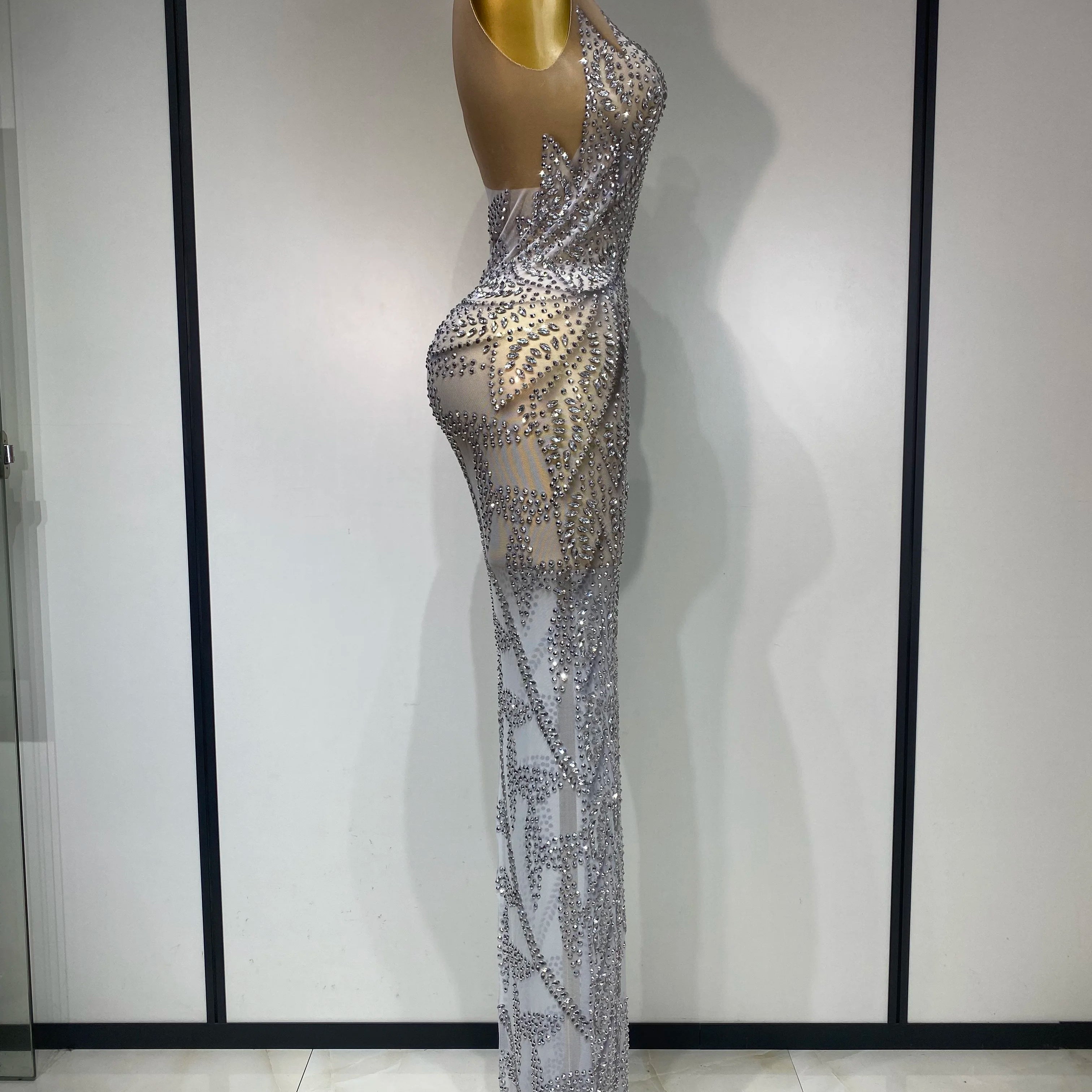 Luxury Rhinestone Sleeveless Silver Long Dress Women Sexy Mesh See Through Evening Prom Birthday Photo Shoot Singer Stage Outfit