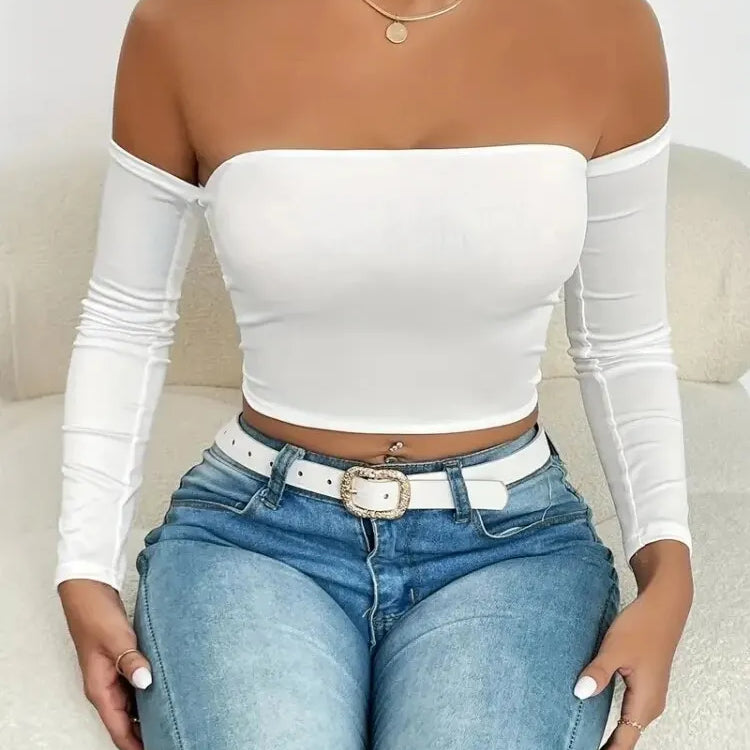 Women's Off Shoulder Long Sleeve Crop Top - Casual Spring/Fall Shirt WHITE
