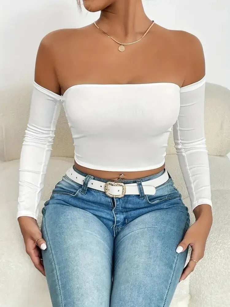 Women's Off Shoulder Long Sleeve Crop Top - Casual Spring/Fall Shirt WHITE