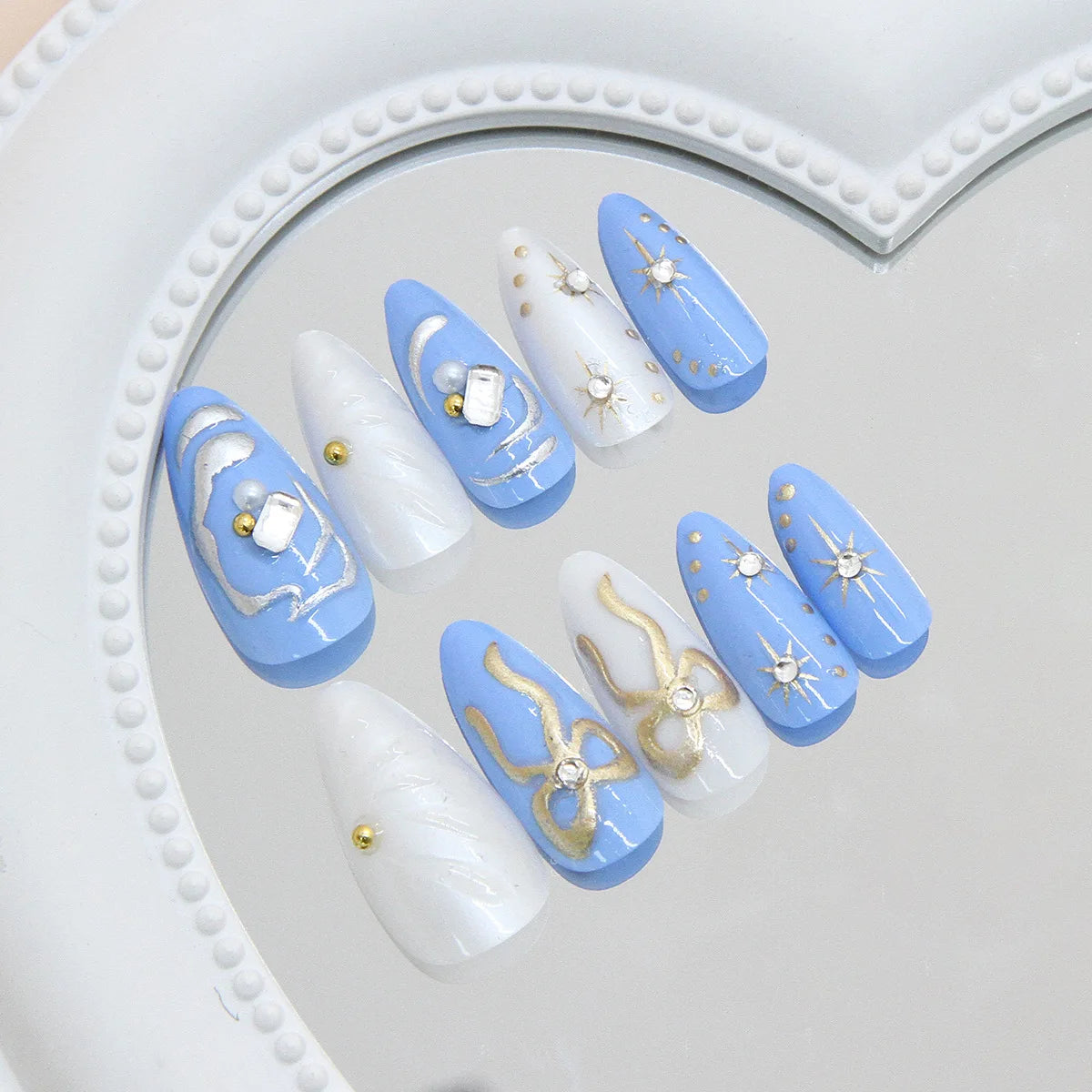 24pcs Dark Blue Press on Nails Starnight Swan Print Sweet Cool False Nails for Girl Wearable Reusable Almond Fake Nail Tips 2