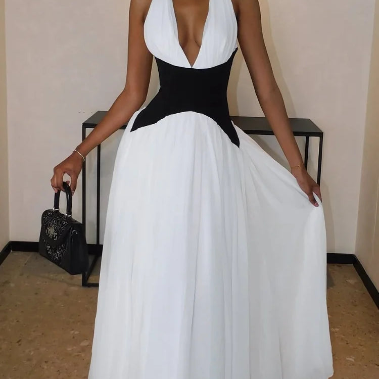 Elegant Contrasting Woman Long Dresses New Summer Sexy V Neck High Waist A-line Midi Vestidos Lady Evening Sleeveless Club Robes