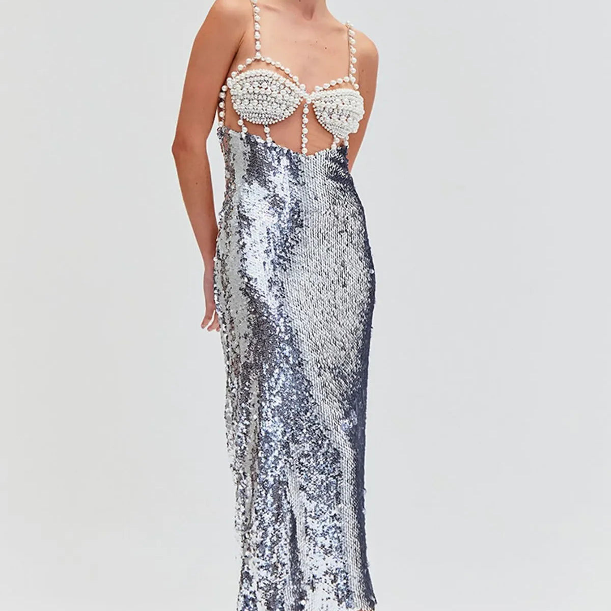 Fashionable Haute Couture Woman Evening Dress Pearl Sliver Sequins Spaghetti Strap Long Dress Celebrity Birthday Party Outfit Silver