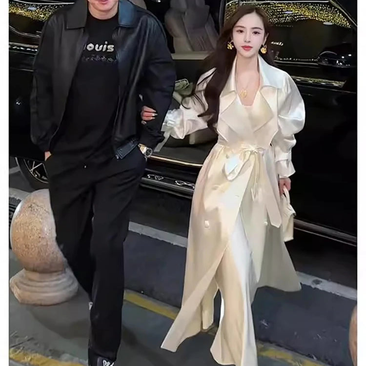 Lautaro Spring Autumn Long Flowy Shiny White Trench Coat for Women Double Breasted Elegant Stylish Luxury Design Clothes 2025