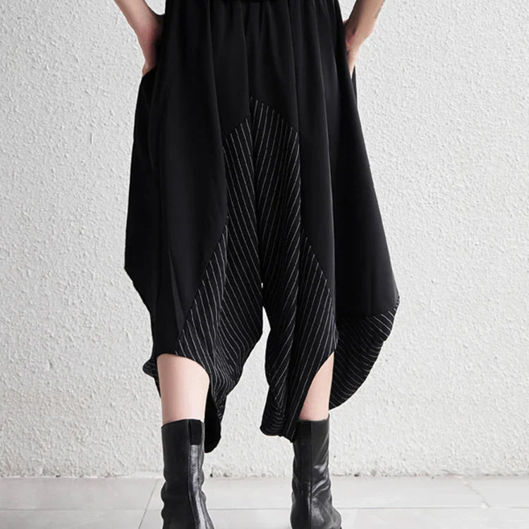 [EAM] High Elastic Waist Black Striped Spliced Harem Trousers New Loose Fit Pants Women Fashion Tide Spring Summer 1DE0542