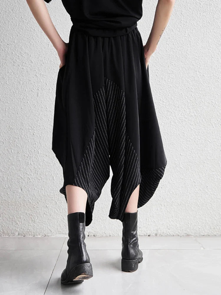 [EAM] High Elastic Waist Black Striped Spliced Harem Trousers New Loose Fit Pants Women Fashion Tide Spring Summer 1DE0542