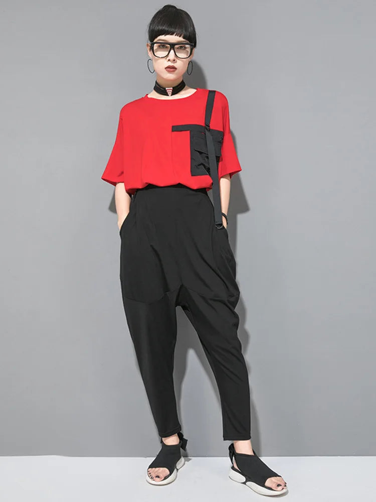 [EAM] High Elastic Waist Black Pockets Thin Harem Pants New Loose Fit Trousers Women Fashion Tide Spring Summer 1DF4728