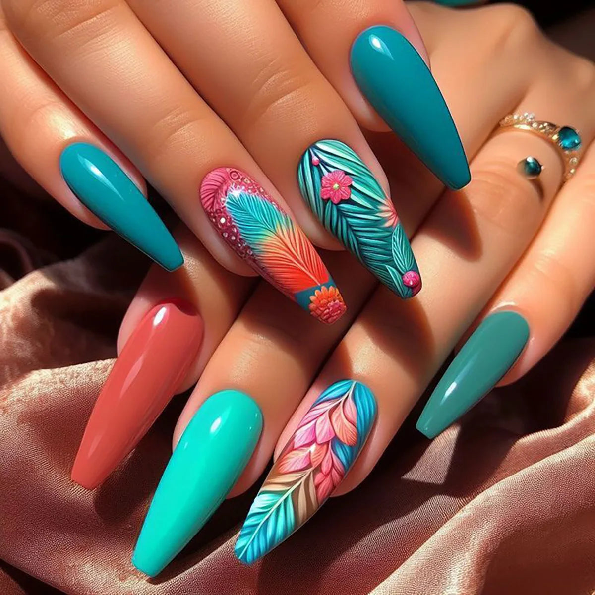 24pcs/set Short Medium long fake nails for women girls Spring summer flowers butterfly flamingo blue pink press on false nails 2057