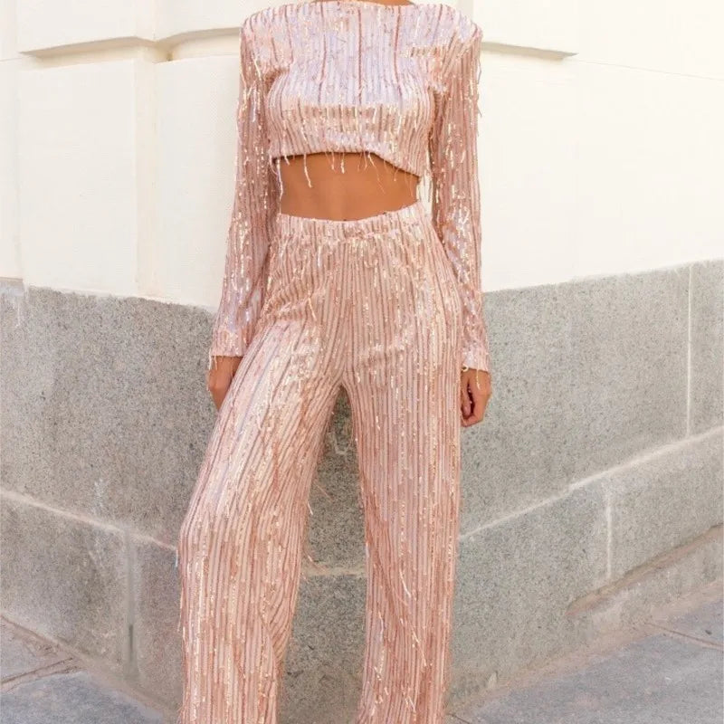 Tassel Sequin Women 2 Piece Set Autumn Silver Bright Silk O-neck Crop Tops Wide Leg Pants Female Suit Fashion Street Lady Sets pink