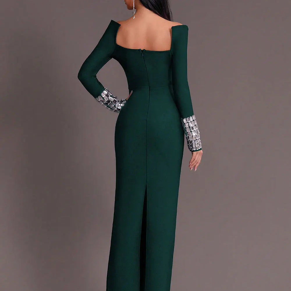 2025 New Women'S Elegant Bandage Dresses Square Neck Long Sleeved Nail Bead Design Bodycon Long Dress Evening Party Vestidos