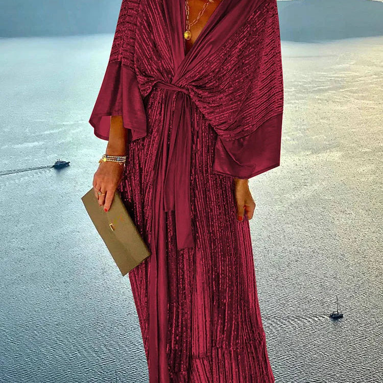 2022 Women Beach Style Three Quarter Batwing Sleeve Holiday Dress V-Neck Sequin Lace-Up Summer Patchwork Ladies Maxi Party Dress