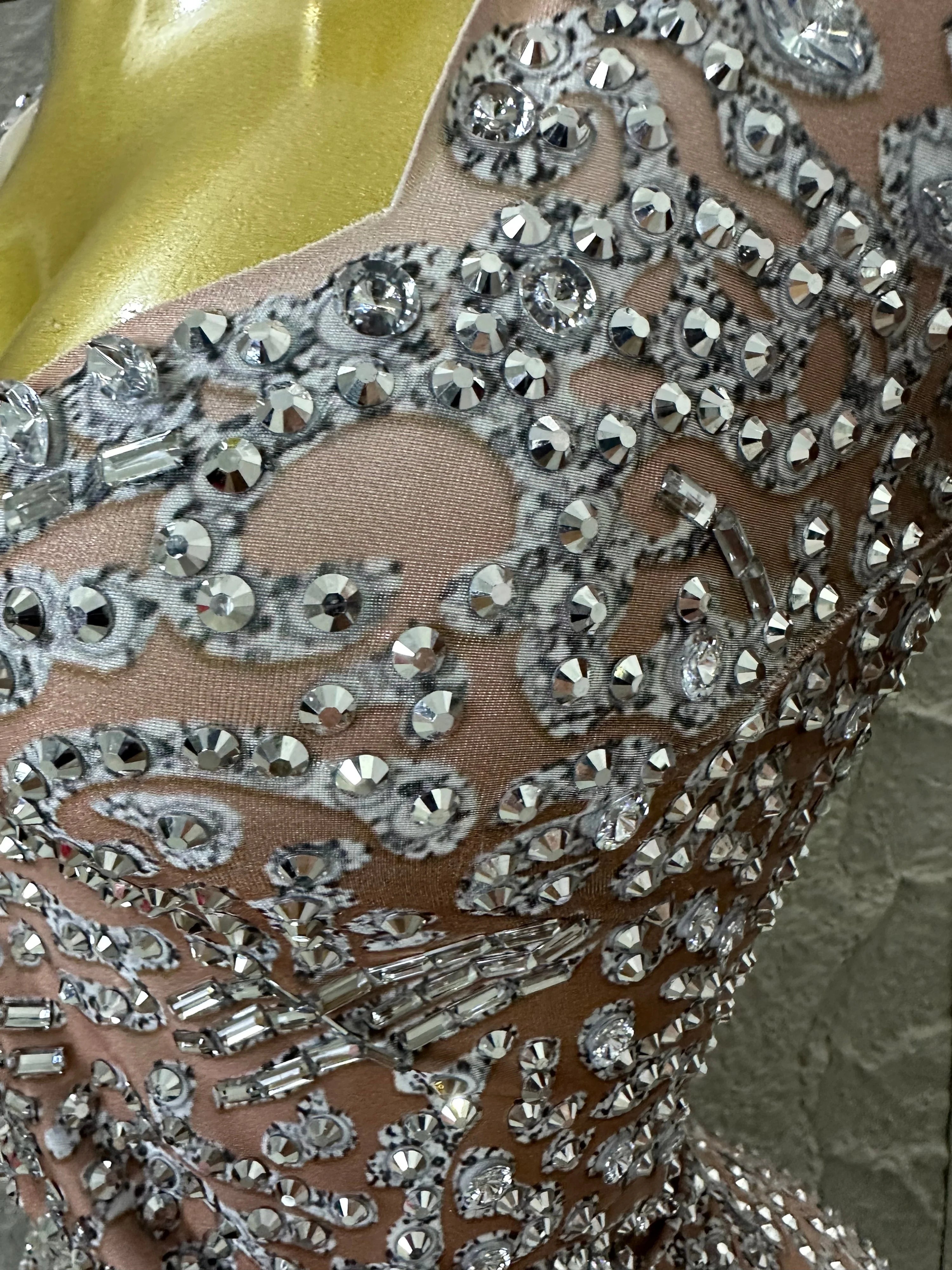 Silver Sheer Mesh Jumpsuit Women Sexy Sweetheart Neck Long Sleeve Full Crystal Skinny Outfit Stage Performance Costume