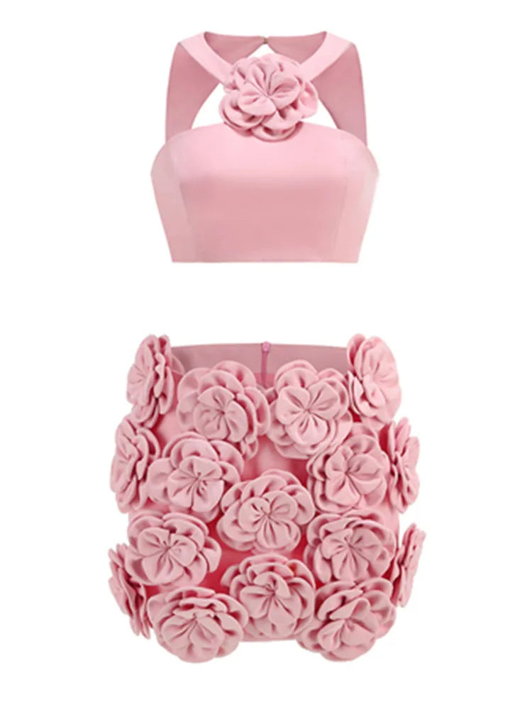 Women Celebrity Sexy Tank Flower Backless Pink Mini Summer Skirt Set 2024 Elegant Evening Club Party Outfits