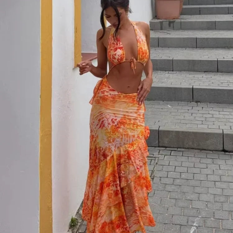 Vintage Green Printed Bikini Ruffles Hem Midi Dress Sexy Cut Out Halter Side Slit Dresses For Women Summer Beach Playwear 2025 Orange