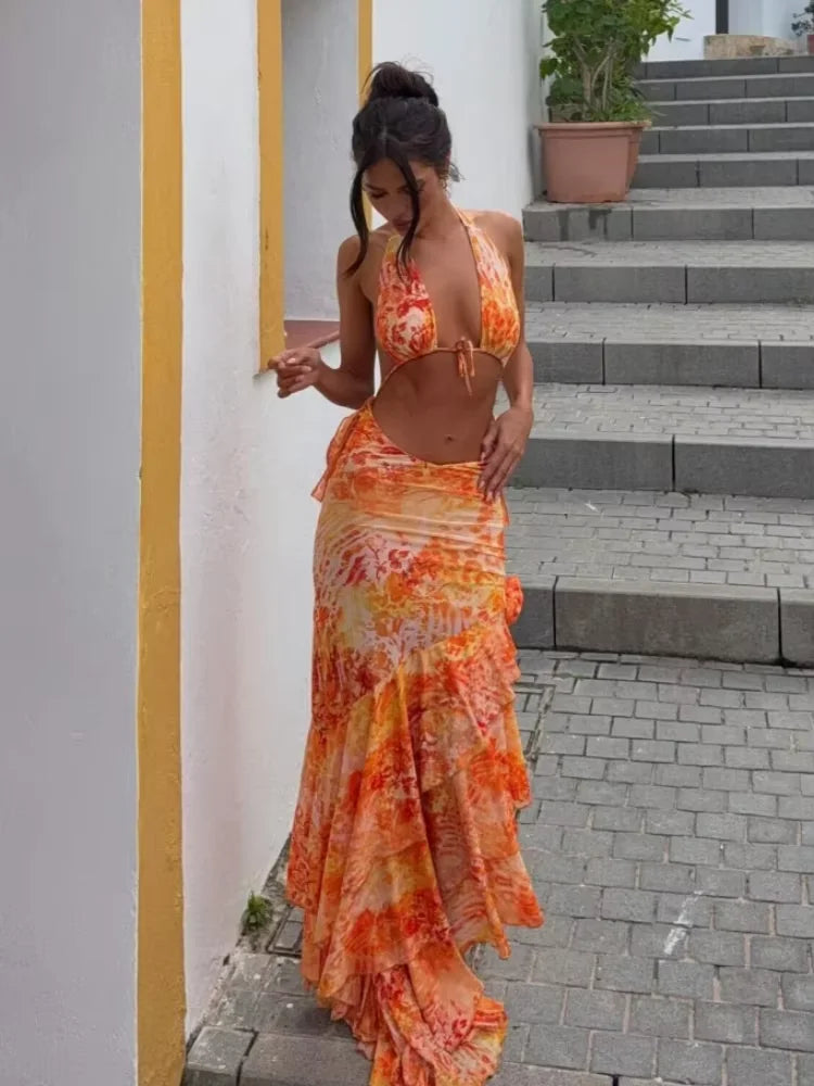 Vintage Green Printed Bikini Ruffles Hem Midi Dress Sexy Cut Out Halter Side Slit Dresses For Women Summer Beach Playwear 2025 Orange