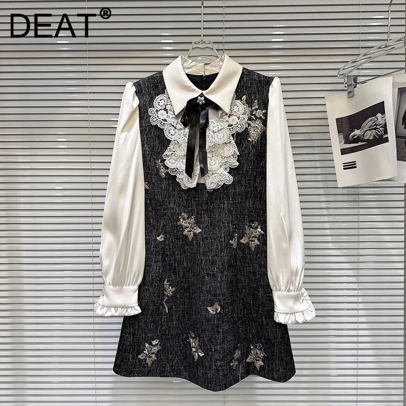Winter New Fashion Bow Beaded Embroidered Shirt Patchwork Fake Two-Piece Dress For Women Elegant Dresses 11A07866